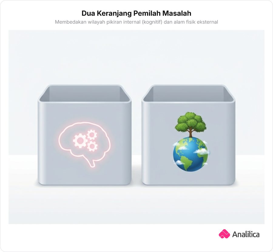 Dua wadah penyortir berdampingan: satu wadah bercahaya dengan simbol otak dan roda gigi, satu wadah bertema alam dengan simbol bumi dan pohon hijau.