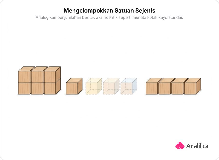 Ilustrasi tumpukan kotak-kotak kayu identik berjejer rapi di atas lantai gudang.