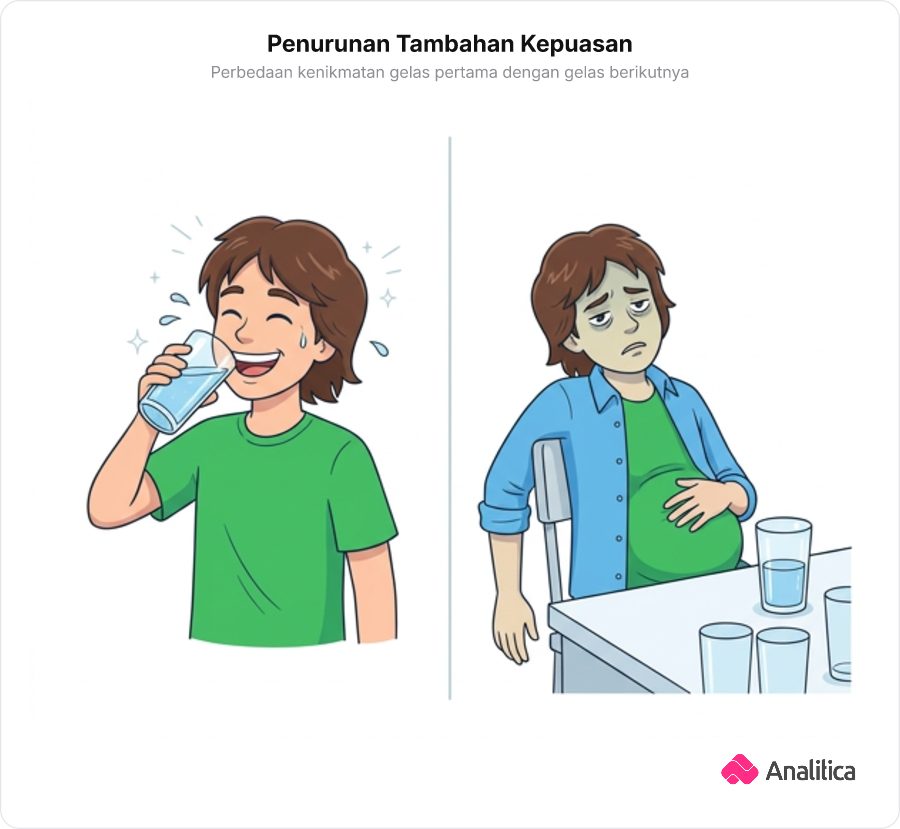 Ilustrasi perbandingan ekspresi saat meminum gelas pertama yang menyegarkan dengan gelas keempat yang membuat kembung.