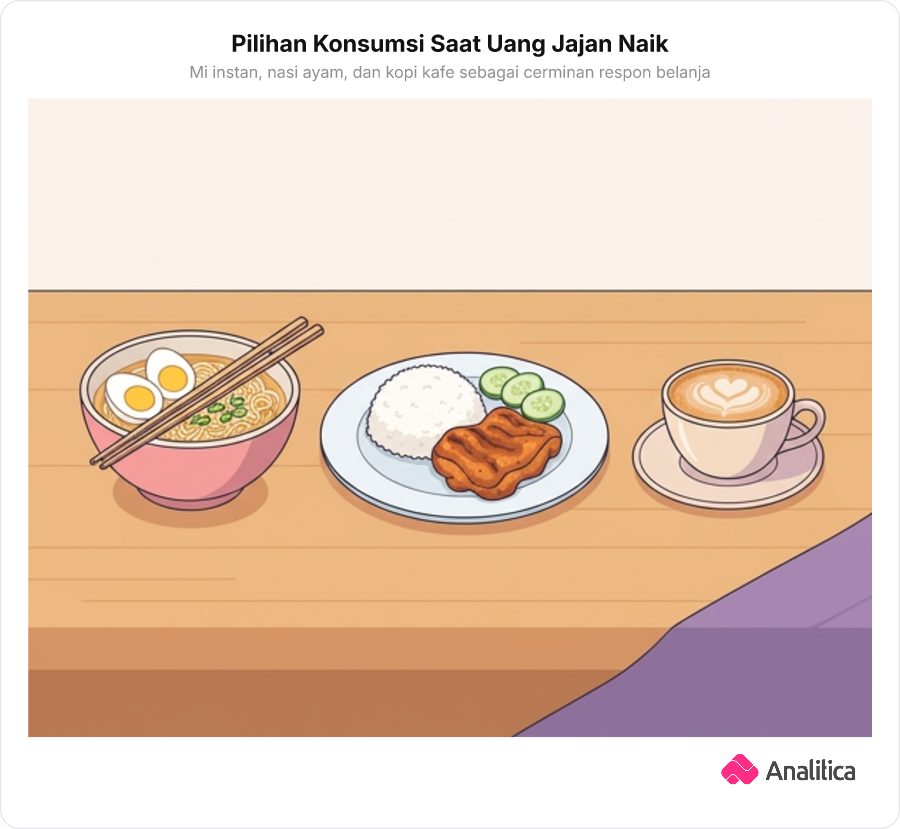 Tiga jenis makanan berjejer: mi instan, nasi ayam, dan secangkir kopi kafe yang merepresentasikan jenis respon konsumsi.