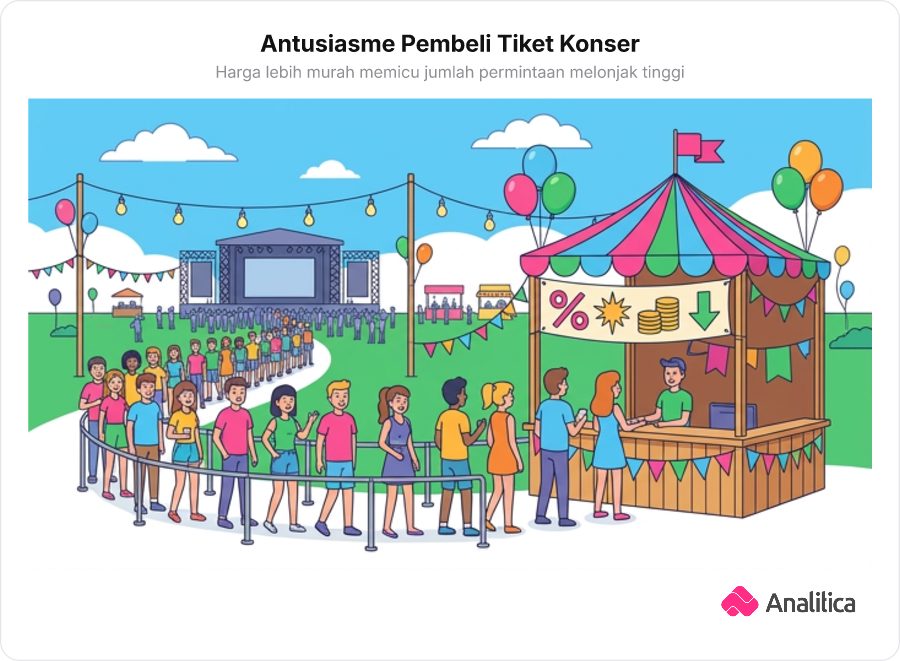 Antrean calon penonton tiket konser festival musik di depan loket pembelian saat promo diskon.