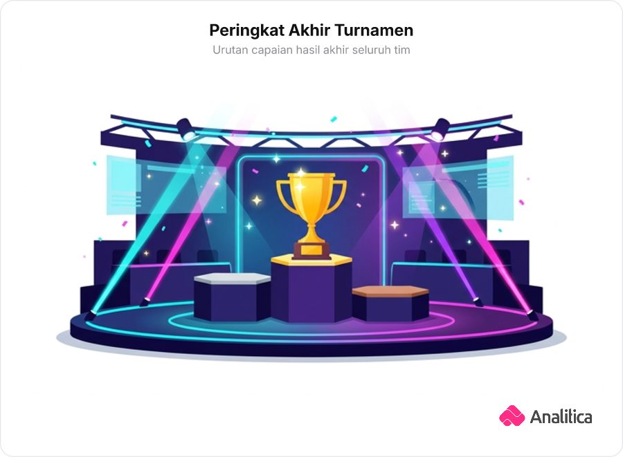 Ilustrasi papan peringkat turnamen esports dengan tiga podium juara bernuansa futuristik neon.