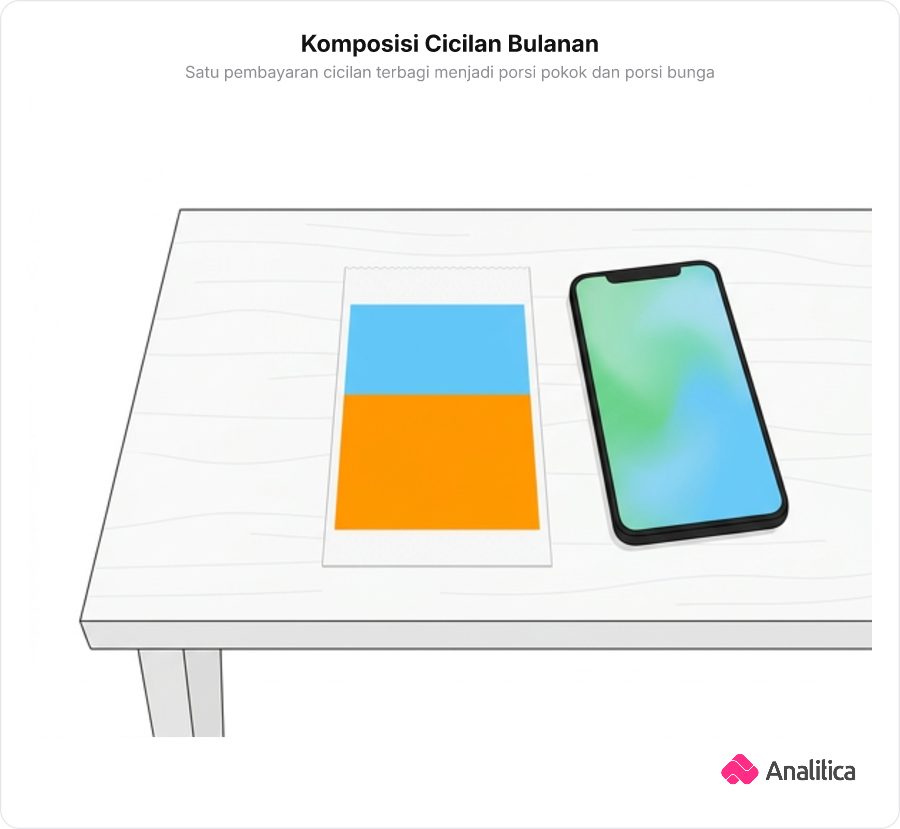 Ilustrasi struk tagihan cicilan smartphone yang terbagi menjadi dua bagian porsi pembayaran.
