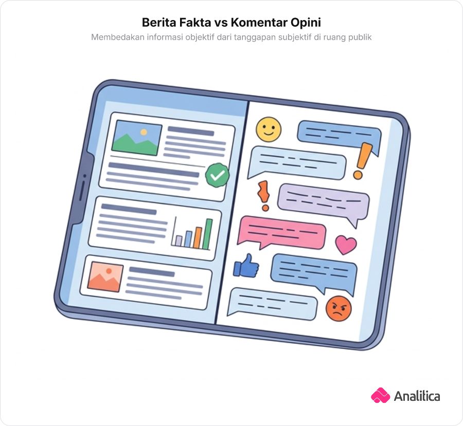 Ilustrasi perbandingan antara berita fakta dan komentar opini di layar ponsel.
