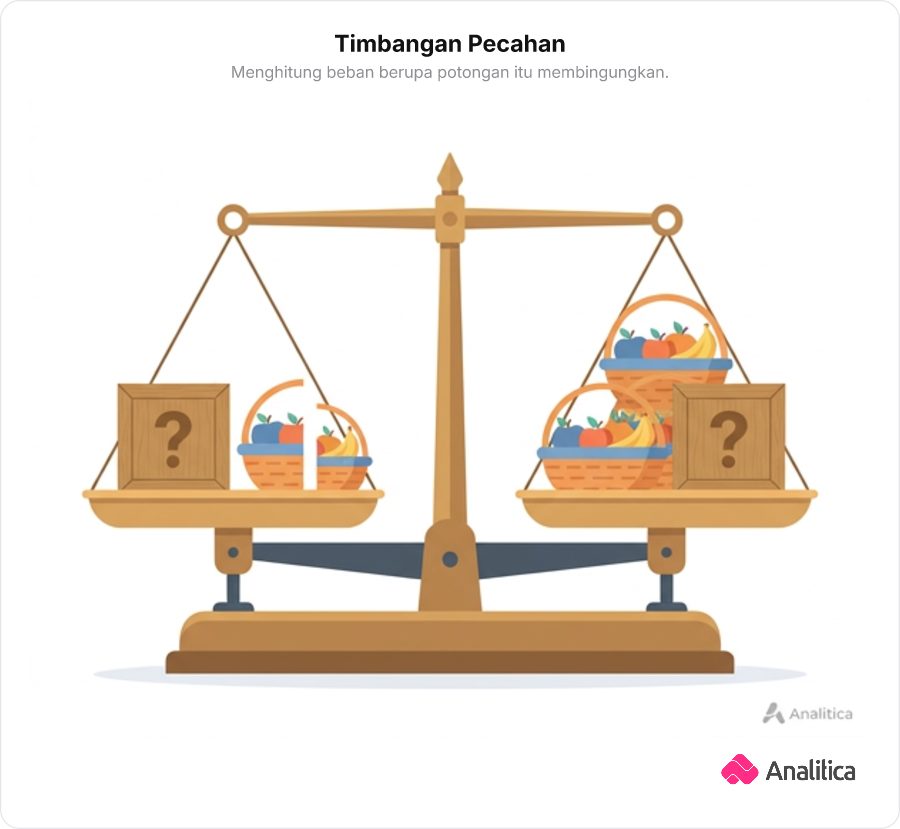 Ilustrasi timbangan pasar tradisional dengan beban keranjang utuh dan potongan keranjang yang seimbang.