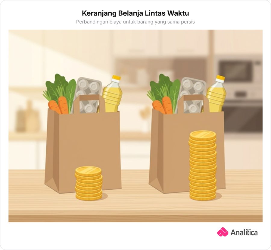 Dua kantong belanja berdampingan yang menggambarkan perbandingan biaya belanja barang serupa dari waktu ke waktu.