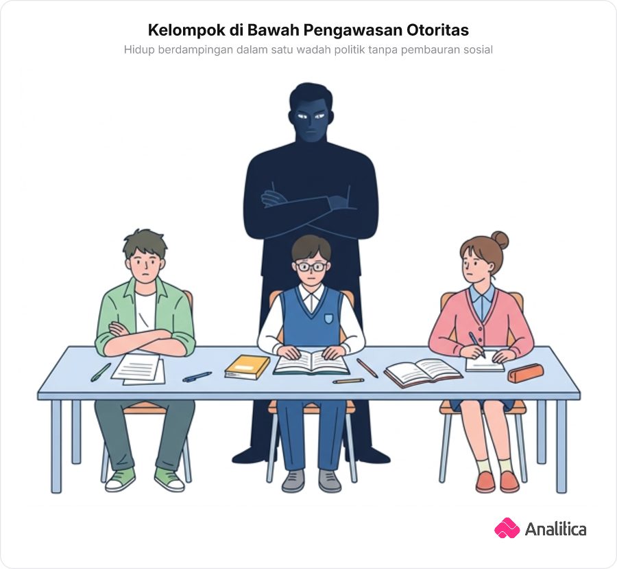 Tiga murid sekolah dengan latar belakang berbeda duduk bersama mengerjakan tugas dengan canggung di bawah pengawasan guru tegas