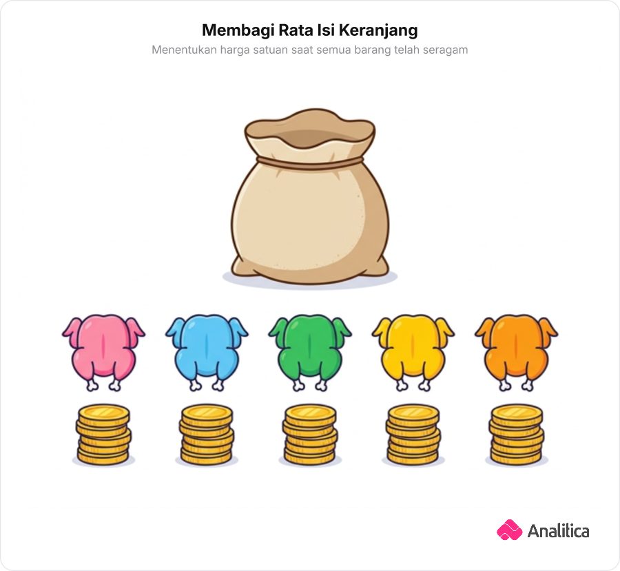 Ilustrasi 5 ekor ayam di atas 5 tumpukan uang koin yang sama tinggi hasil pembagian merata.