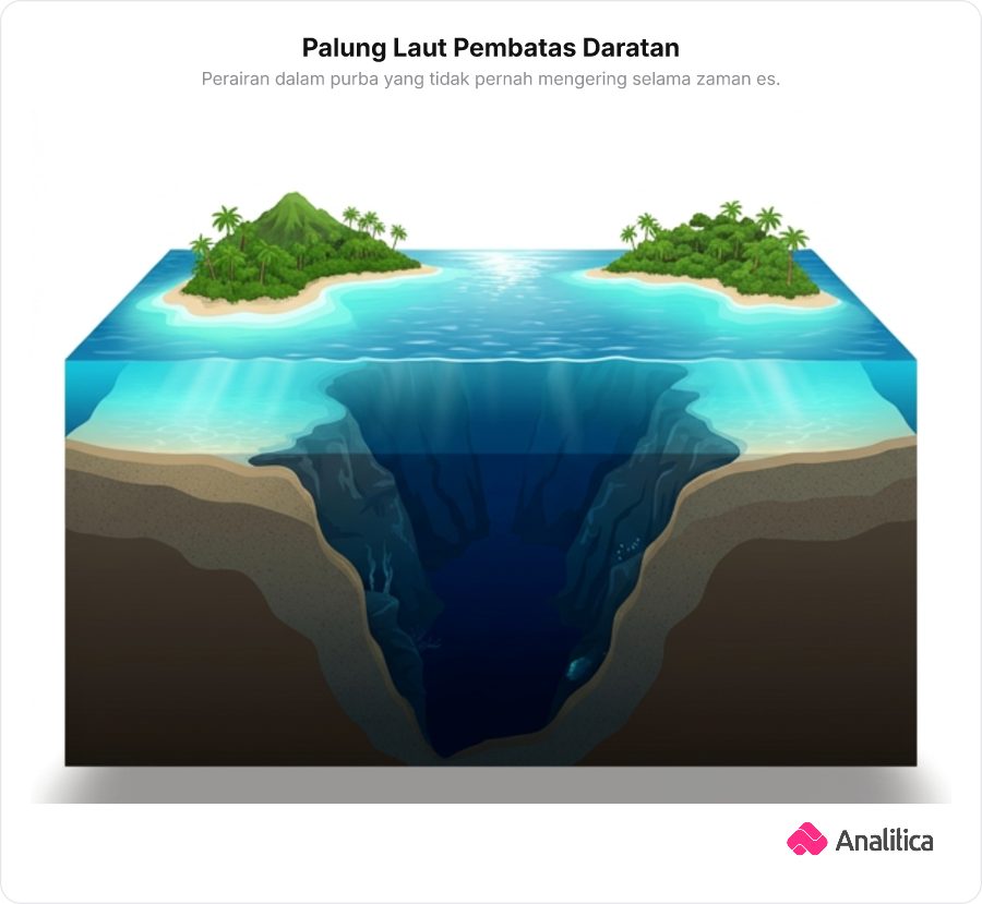 Ilustrasi pulau tropis dengan perairan laut dalam dan palung curam di bawah permukaan laut sebagai pembatas alami.