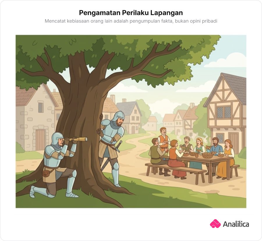 Dua ksatria mengamati dan mencatat kebiasaan makan penduduk desa dari balik pohon.