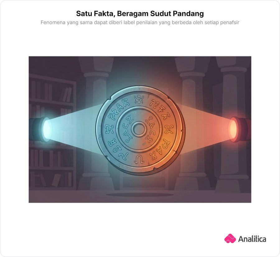 Artefak koin sihir melayang dengan dua pendar cahaya berbeda warna dari sisi berlawanan.