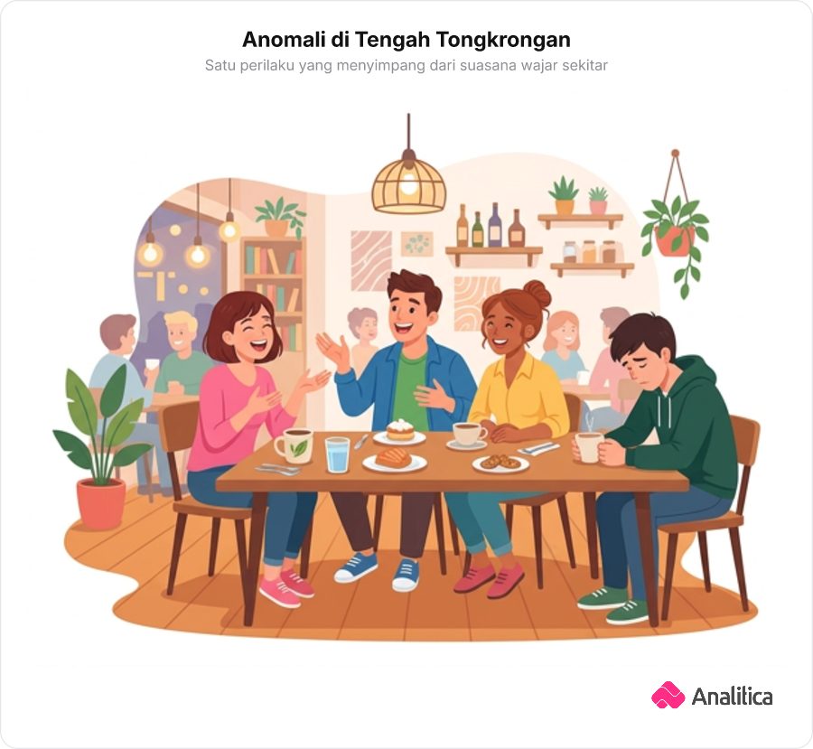 Ilustrasi satu orang terdiam murung di tengah teman-temannya yang asyik tertawa di kafe