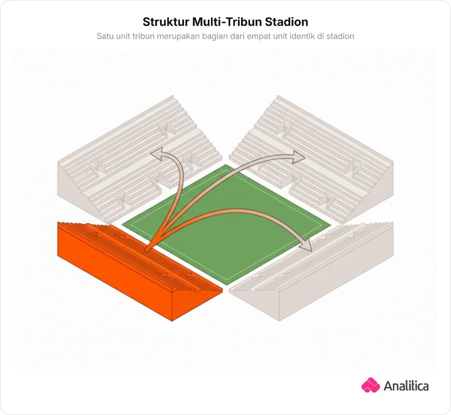 Ilustrasi isometrik struktur 4 tribun stadion berbentuk persegi mengelilingi lapangan