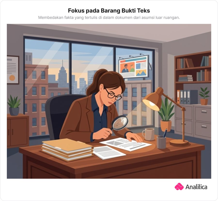 Ilustrasi seorang detektif membaca berkas dokumen dengan kaca pembesar di mejanya dan mengabaikan jendela di belakangnya.