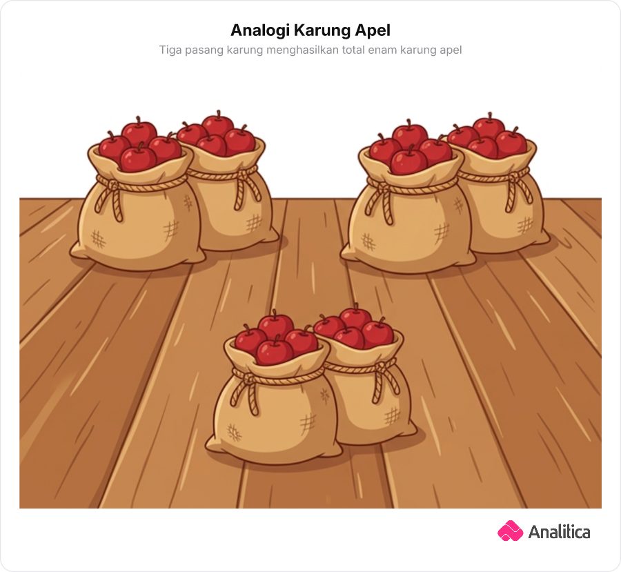 Tiga kelompok karung goni berisi apel, masing-masing kelompok terdiri dari dua karung, tertata rapi di lantai kayu.