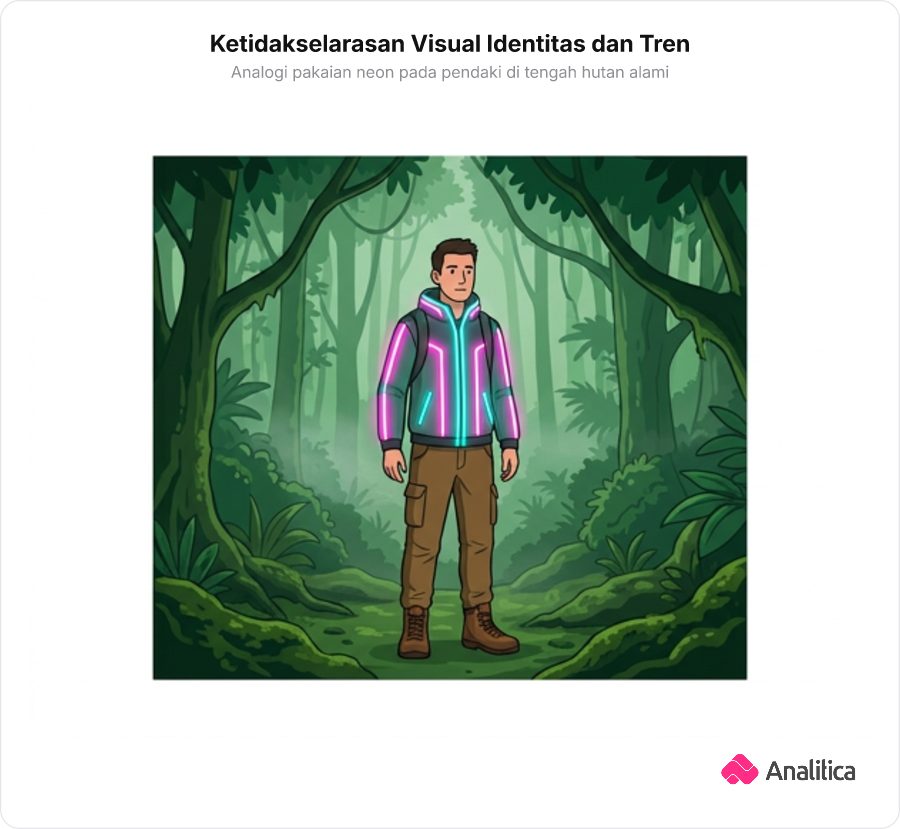 Ilustrasi pendaki gunung dengan pakaian alam namun mengenakan jaket neon menyala di tengah hutan lebat