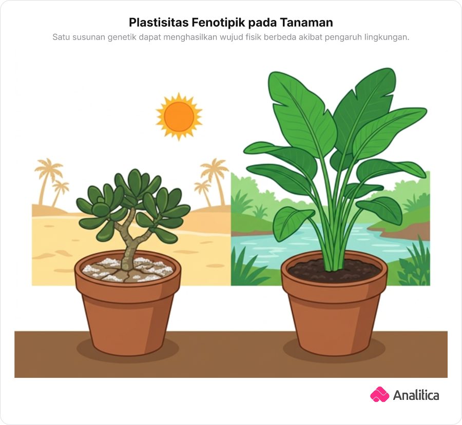 Dua pot tanaman dari klon yang sama tumbuh dengan bentuk fisik berbeda karena pengaruh lingkungan.