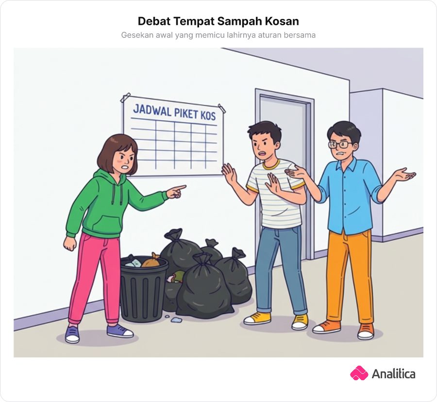 Tiga anak kos berdebat di depan tumpukan sampah sementara ada kertas kosong jadwal piket di dinding