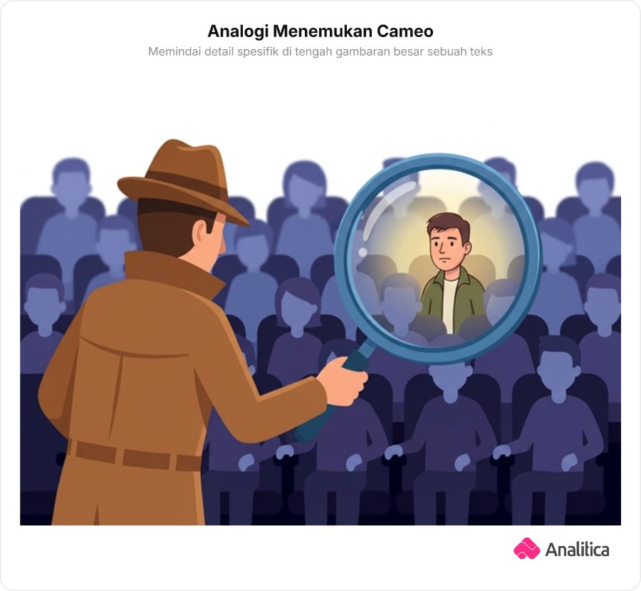 Ilustrasi seorang detektif menggunakan kaca pembesar untuk menemukan karakter tersembunyi di tengah kerumunan bioskop.