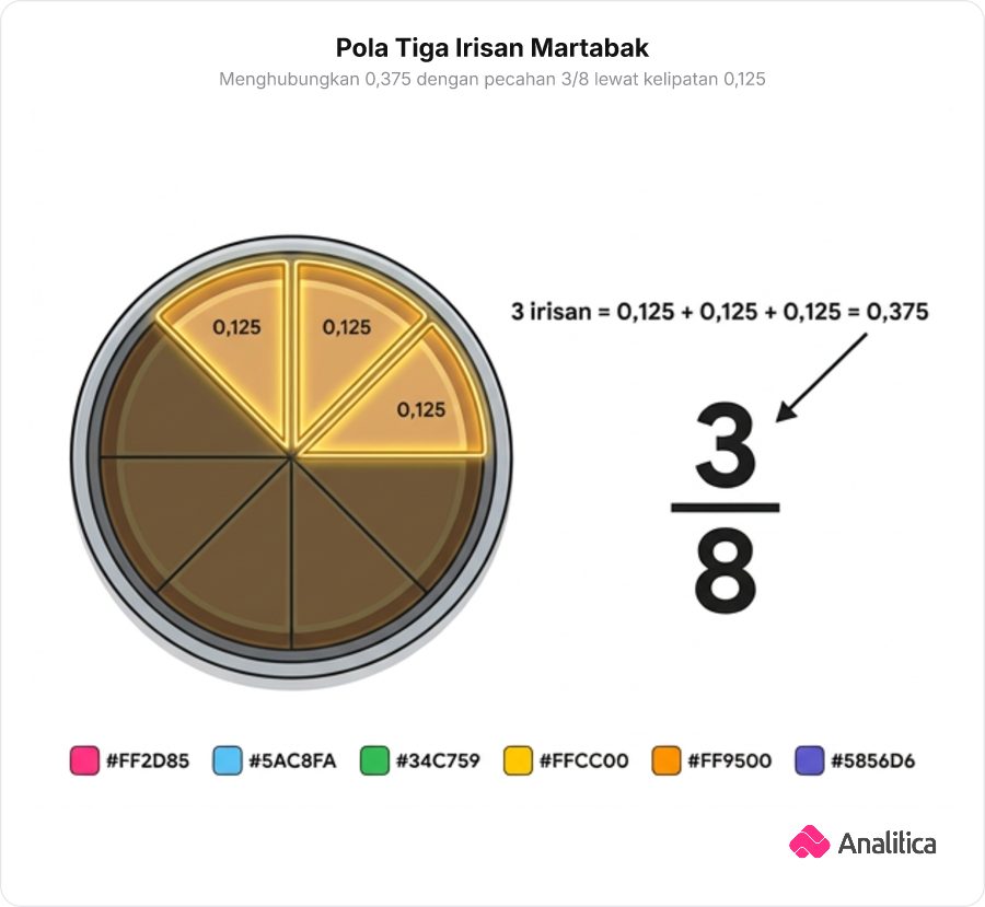 Ilustrasi loyang martabak terpotong 8 dengan 3 potong disorot terang, berdampingan dengan penjumlahan 0,125 + 0,125 + 0,125 = 0,375 dan pecahan 3/8.