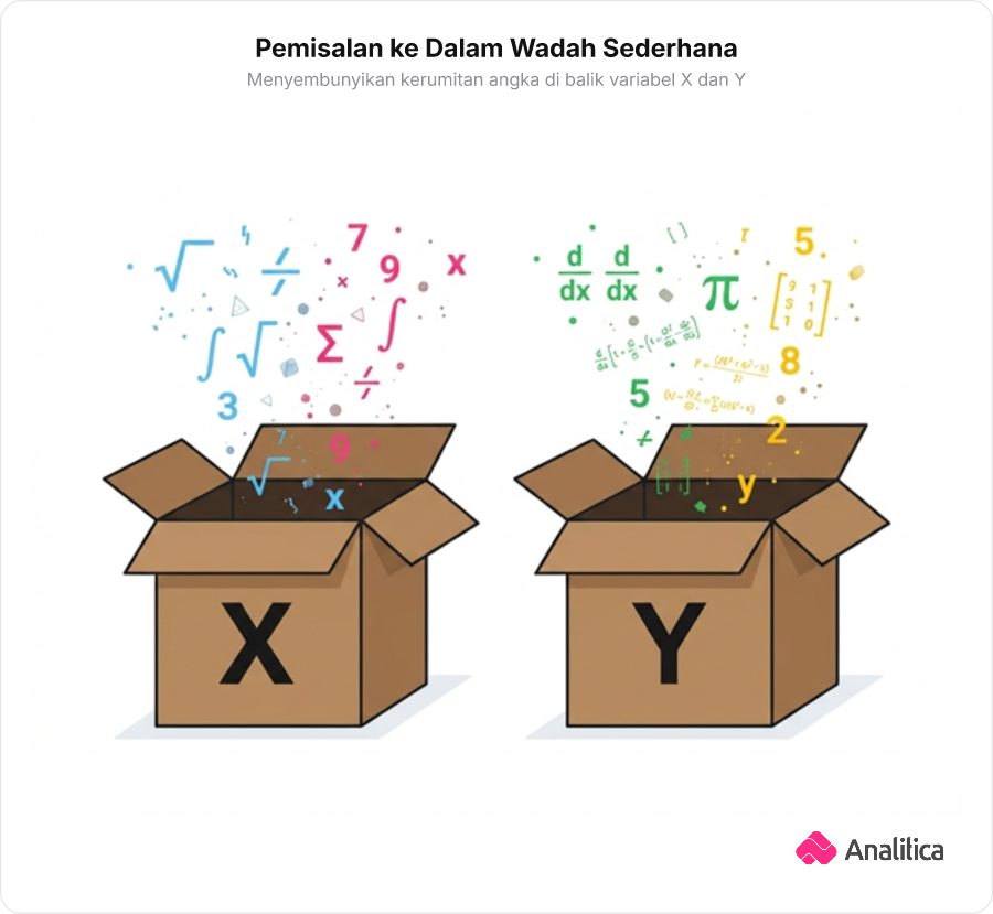 Dua kardus berlabel X dan Y sebagai wadah penyederhanaan bentuk matematika yang rumit