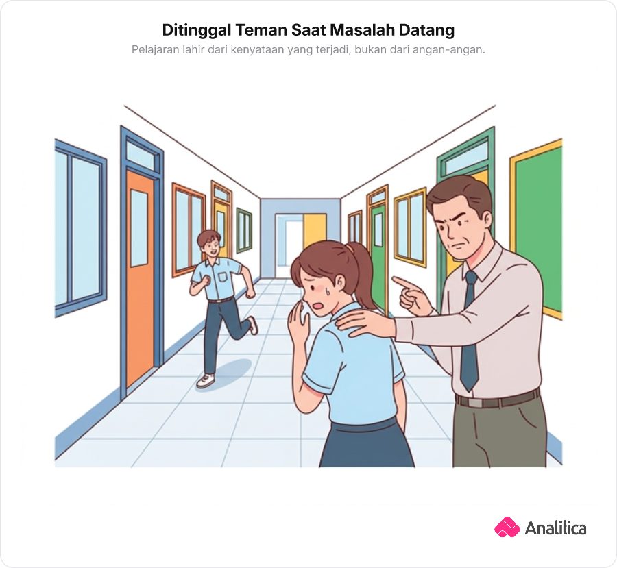 Ilustrasi dua murid mengendap-endap; satu tertangkap guru sementara temannya melarikan diri ke ujung lorong.