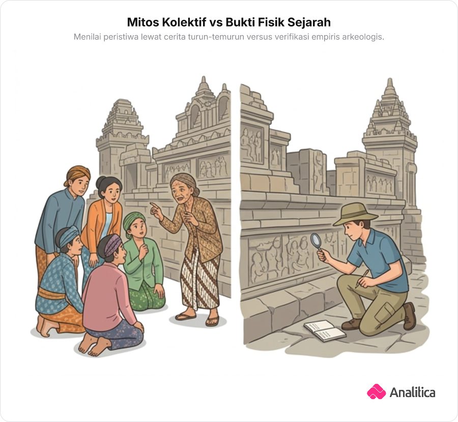 Kontras antara sekelompok warga yang menceritakan mitos berlatar candi dan seorang arkeolog yang memeriksa batu dengan kaca pembesar.