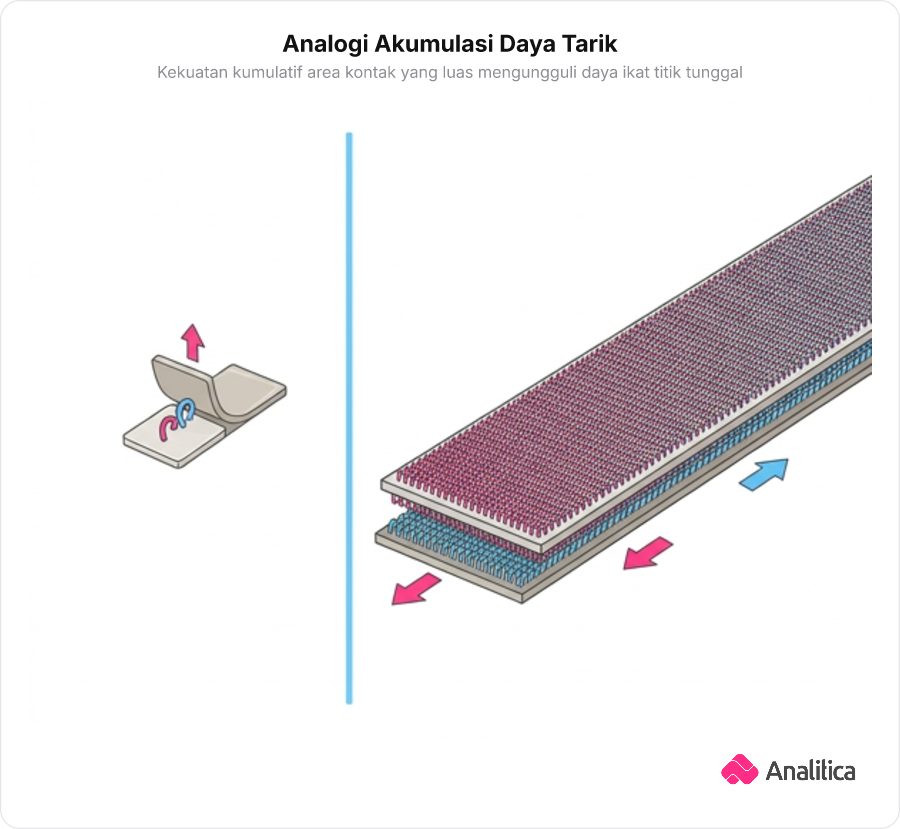 Analogi perekat velcro: potongan velcro kecil dengan daya lekat tinggi dibandingkan dengan gulungan velcro yang sangat panjang dan lebar.