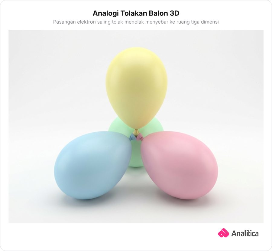 Analogi empat balon lonjong yang diikat bersama pada satu titik pusat membentuk susunan ruang tetrahedral 3 dimensi.