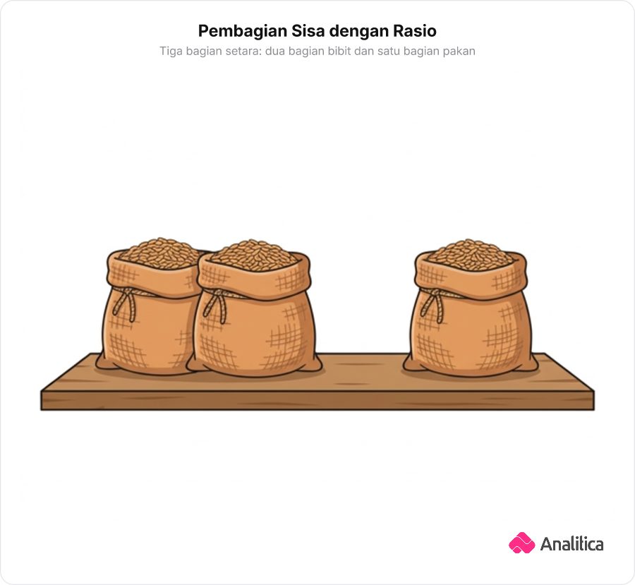 Ilustrasi tiga wadah karung goni yang membagi sisa hasil panen secara proporsional.