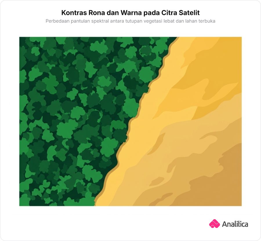 Citra satelit memperlihatkan kontras warna tajam antara hutan hijau lebat dan tanah terbuka cokelat kekuningan.