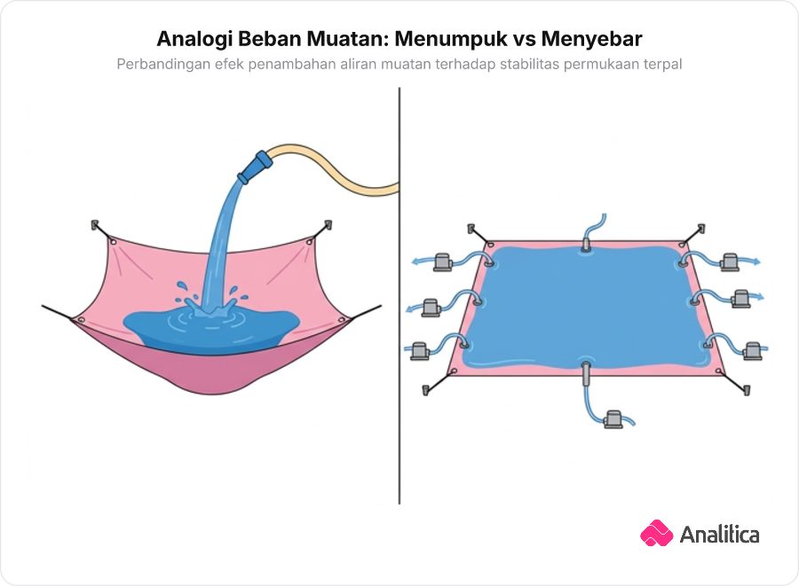 Ilustrasi analogi terpal air dengan selang pendorong muatan di satu sisi dan pipa penyedot penyebar muatan di sisi lain.
