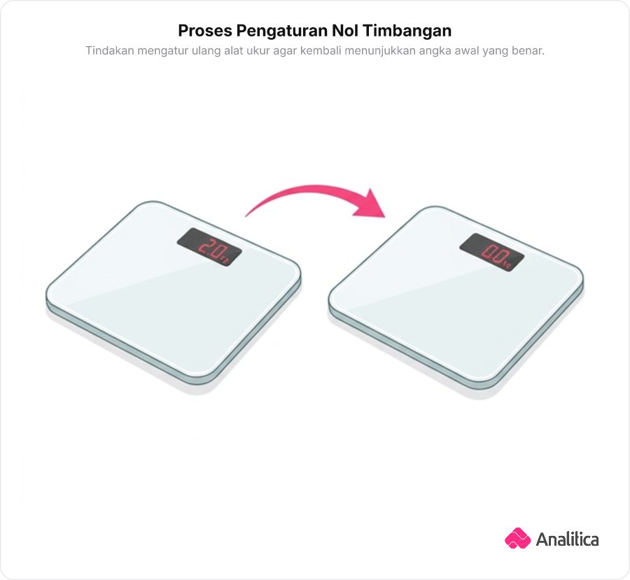Ilustrasi dua timbangan digital berdampingan dengan tanda panah proses pengaturan ulang dari angka awal ke angka nol.