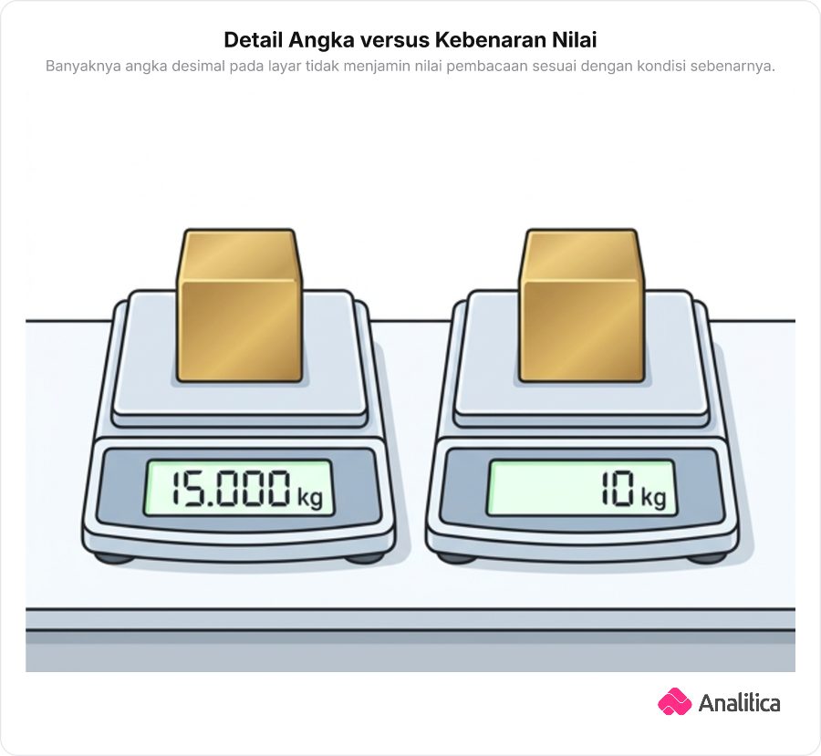 Ilustrasi perbandingan dua timbangan digital laboratorium dengan balok beban logam identik di atas masing-masing piringan ukur.