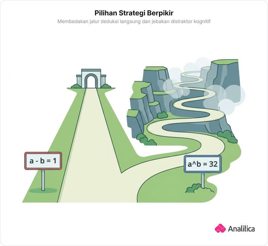 Ilustrasi konseptual perbandingan dua jalan pemecahan masalah matematika: jalan pintas aljabar yang tenang vs jalan berliku jebakan hitungan rumit.