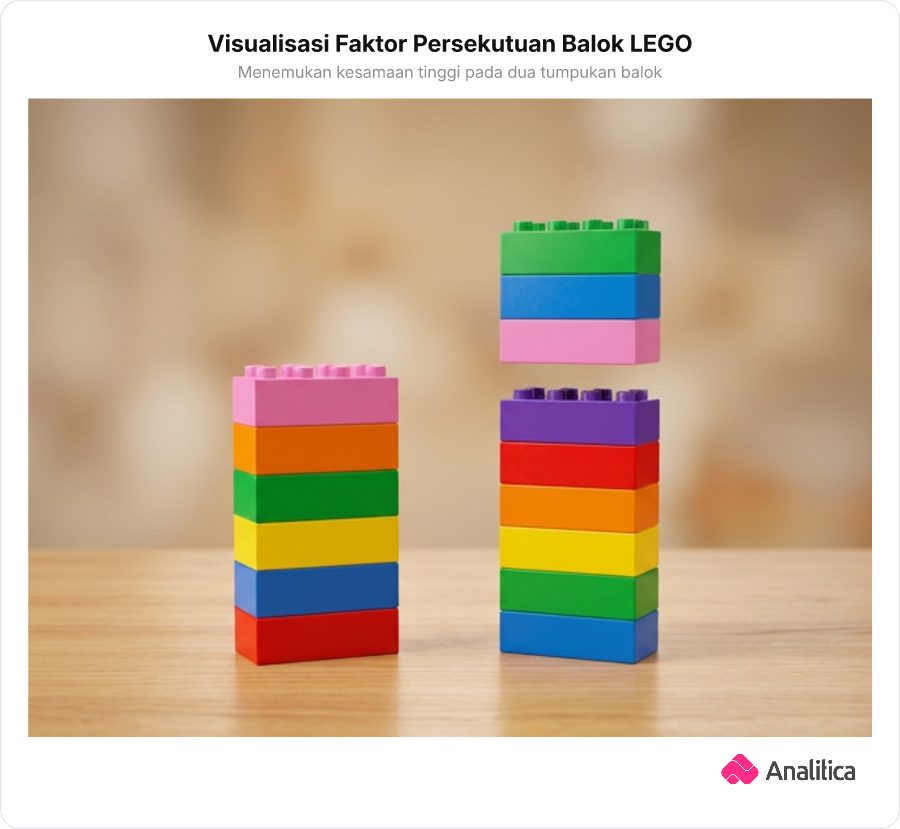 Ilustrasi dua tumpukan balok LEGO setinggi 9 balok dan 6 balok, dengan tumpukan 9 balok terbagi menjadi 6 balok dan 3 balok.