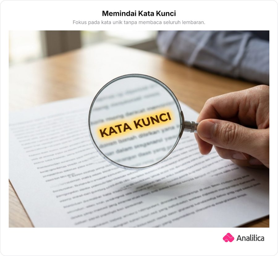 Seseorang memegang kaca pembesar yang menyorot satu atau dua kata terang di atas teks yang kabur.