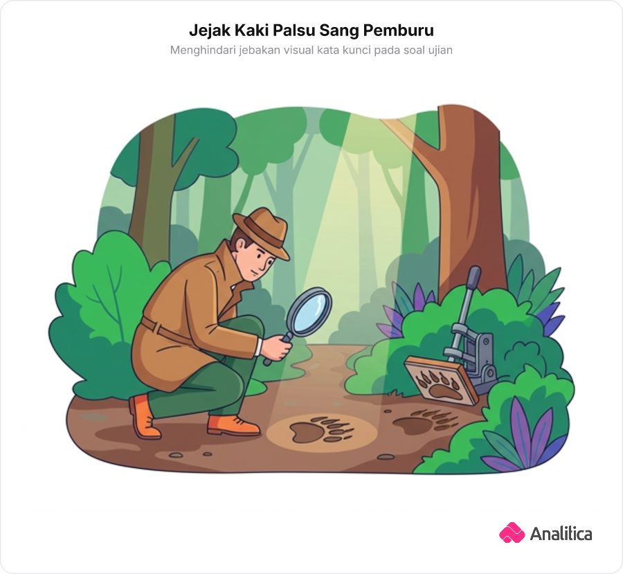 Ilustrasi seorang detektif yang meneliti jejak kaki beruang palsu yang dicap dengan alat mekanis di dalam hutan.
