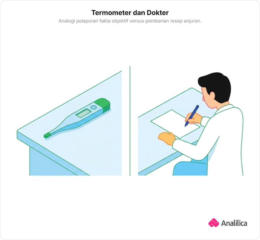 Ilustrasi termometer medis berdampingan dengan seorang dokter yang sedang menulis di kertas resep.
