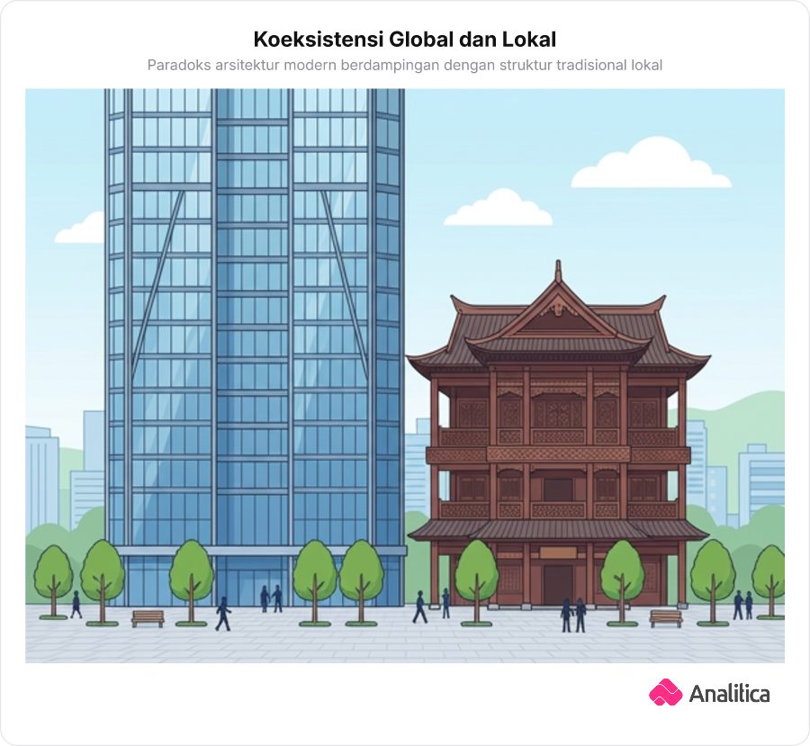 Gedung pencakar langit modern berdampingan dengan bangunan bersejarah tradisional berornamen lokal.