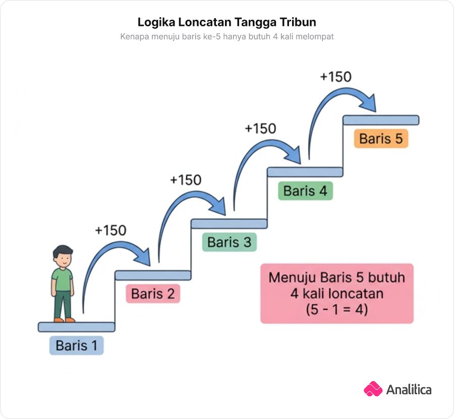 Ilustrasi tangga tribun dengan seseorang berdiri di baris 1 dan melompat 4 kali menuju baris 5