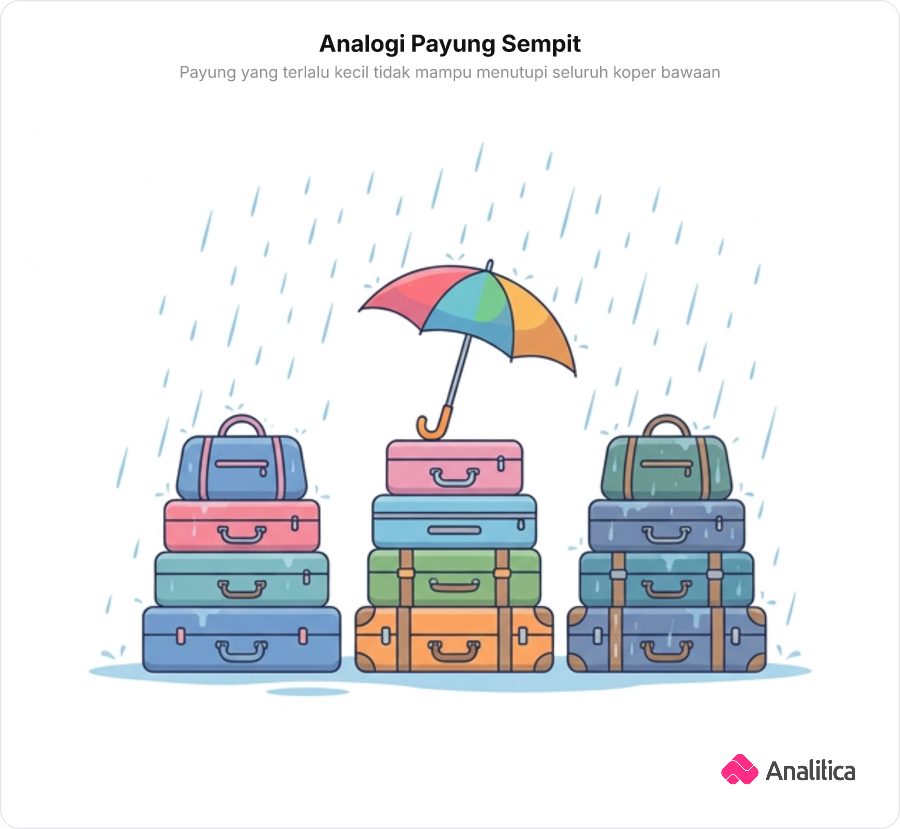 Ilustrasi payung kecil yang hanya menutupi satu koper sementara dua koper lainnya kehujanan