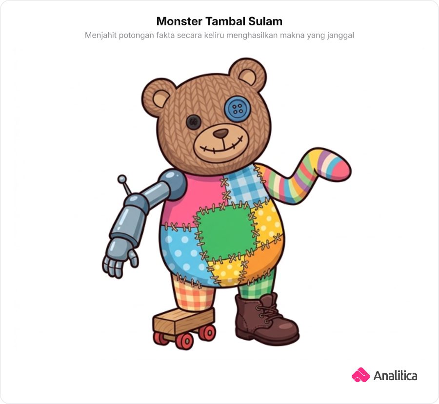 Ilustrasi boneka tambal sulam yang dirangkai dari potongan benda berbeda secara tidak serasi