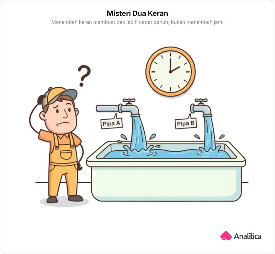 Ilustrasi komikal seseorang bingung melihat dua keran air menyala deras ke dalam bak tetapi jam dinding malah berjalan lambat