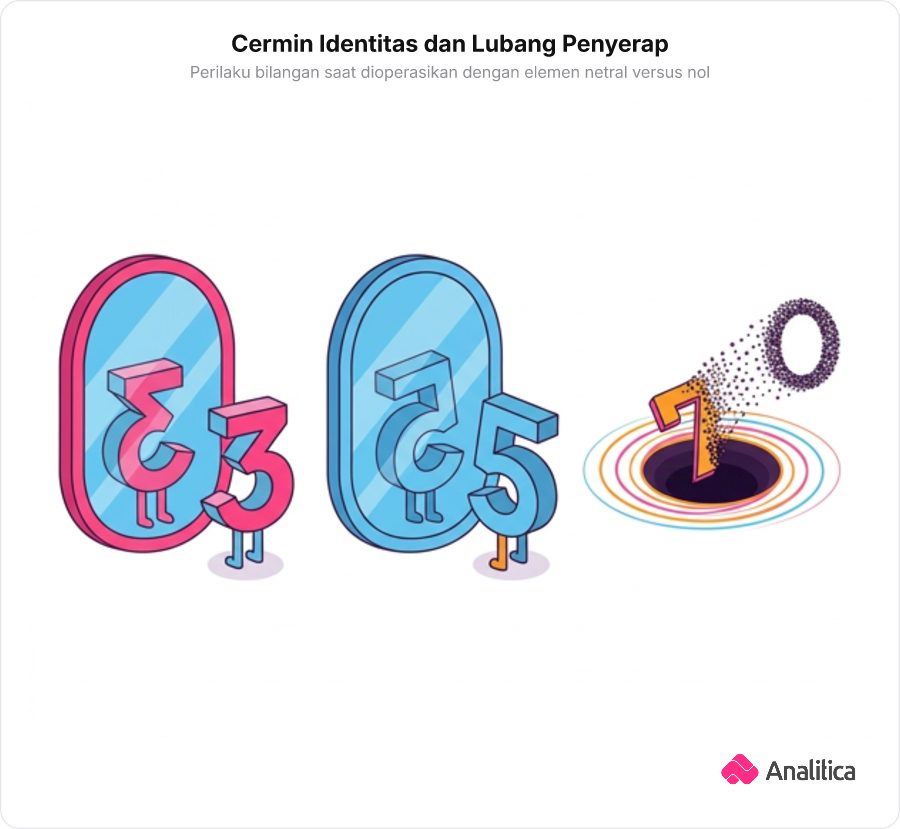 Ilustrasi dua cermin ajaib yang memantulkan angka tetap utuh dan sebuah lubang hitam yang menyerap angka menjadi nol.