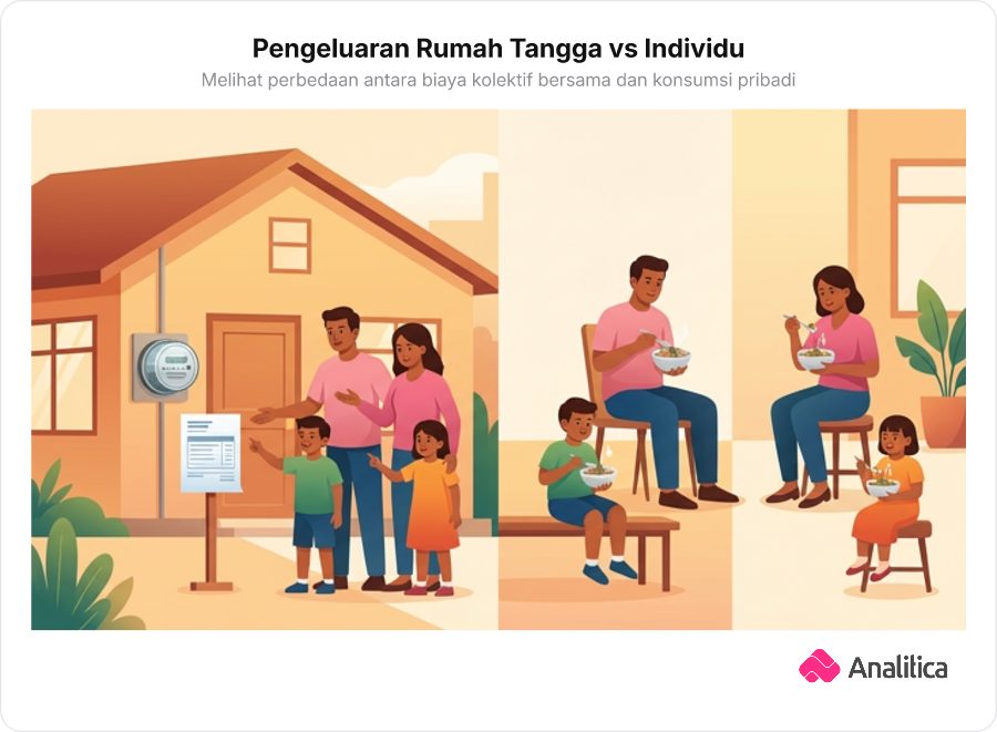 Perbandingan visual pengeluaran bersama satu rumah tangga dengan konsumsi terpisah masing-masing orang.