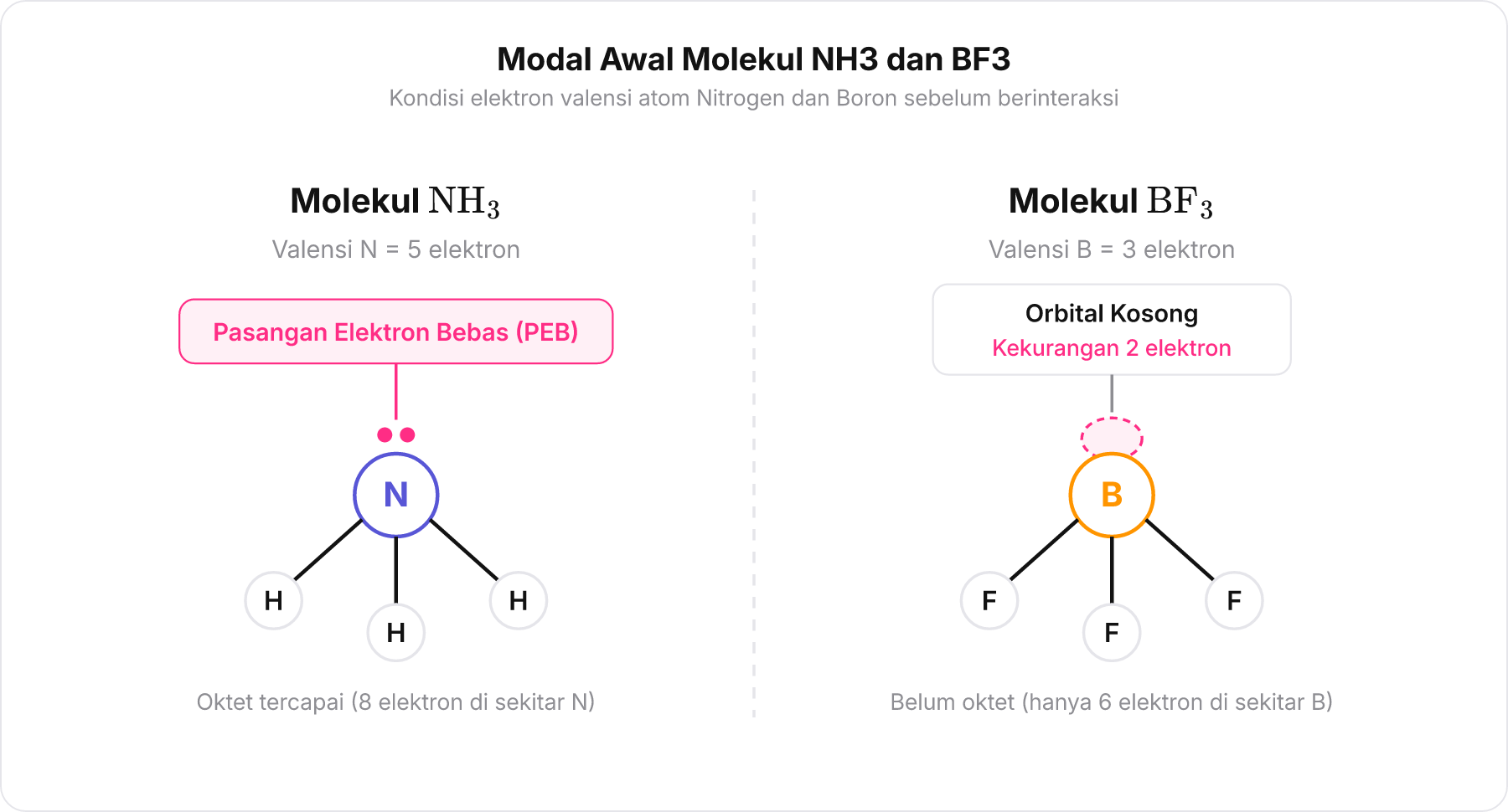 Struktur Lewis molekul NH3 dengan satu PEB di atom N dan struktur molekul BF3 dengan orbital kosong di atom B.