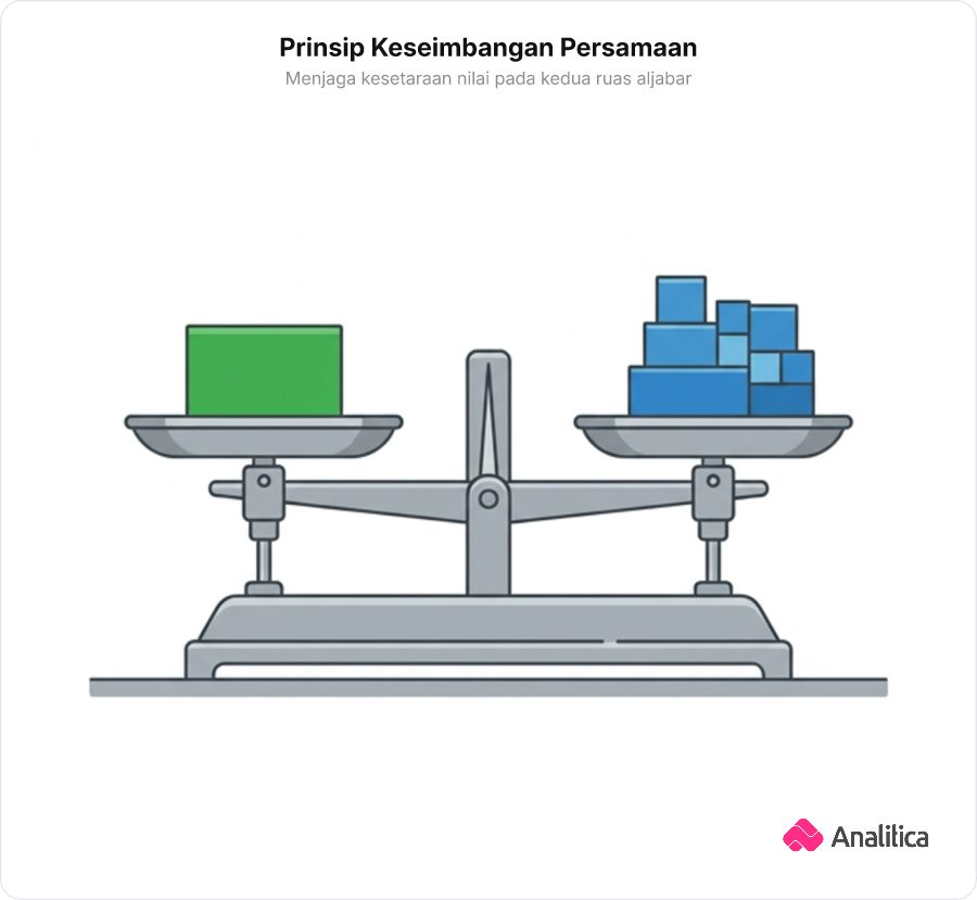 Ilustrasi timbangan mekanik dua lengan seimbang dengan balok beban di kedua sisinya.