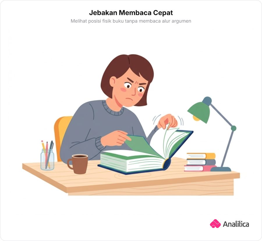 Ilustrasi seseorang membuka langsung halaman terakhir buku tanpa memeriksa bagian tengah.