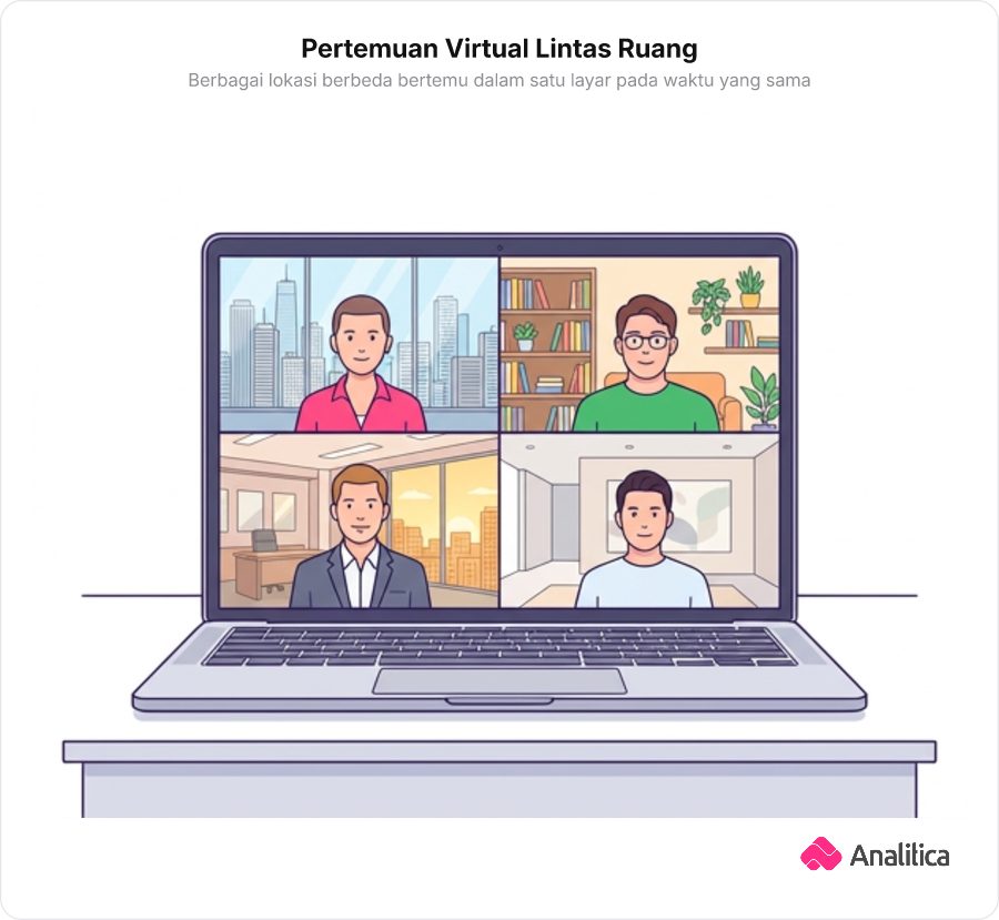 Layar laptop menampilkan panggilan video dengan beberapa peserta dari berbagai tempat berbeda.